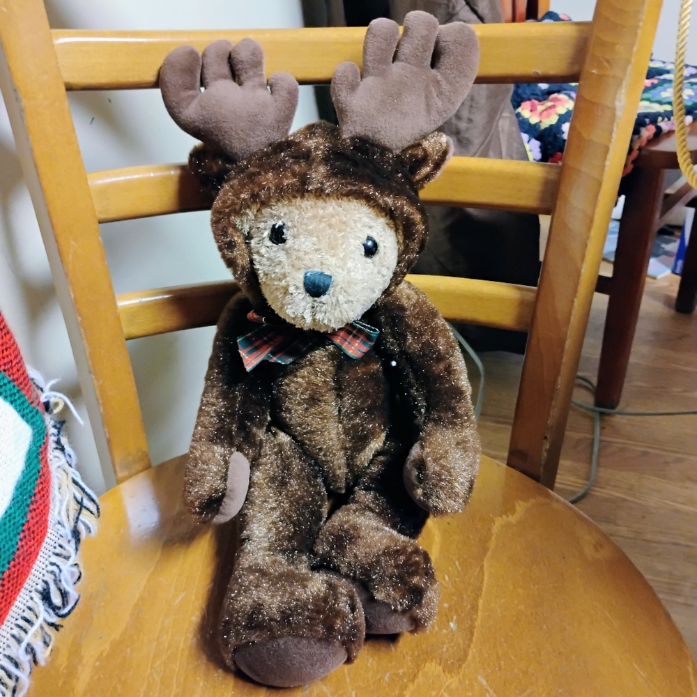 VTG Galerie Au Chocolat Teddy Bear Brown Reindeer Costume Christmas Plush 17”